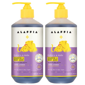 Alaffia front packaging showing lemon lavender label and two 16 fl oz bottles for gentle cleansing