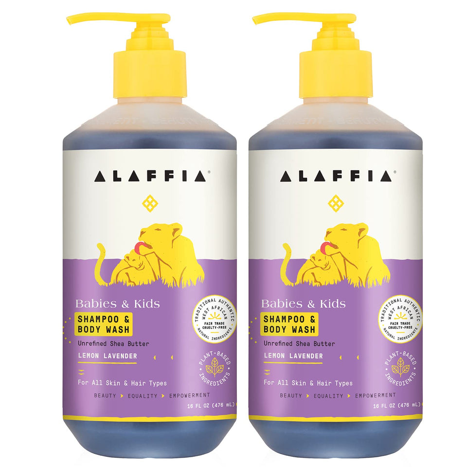Alaffia front packaging showing lemon lavender label and two 16 fl oz bottles for gentle cleansing