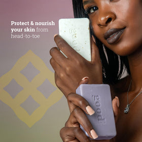 Alaffia soap in bathroom setting, everyday use with subtle coconut scent for freshness