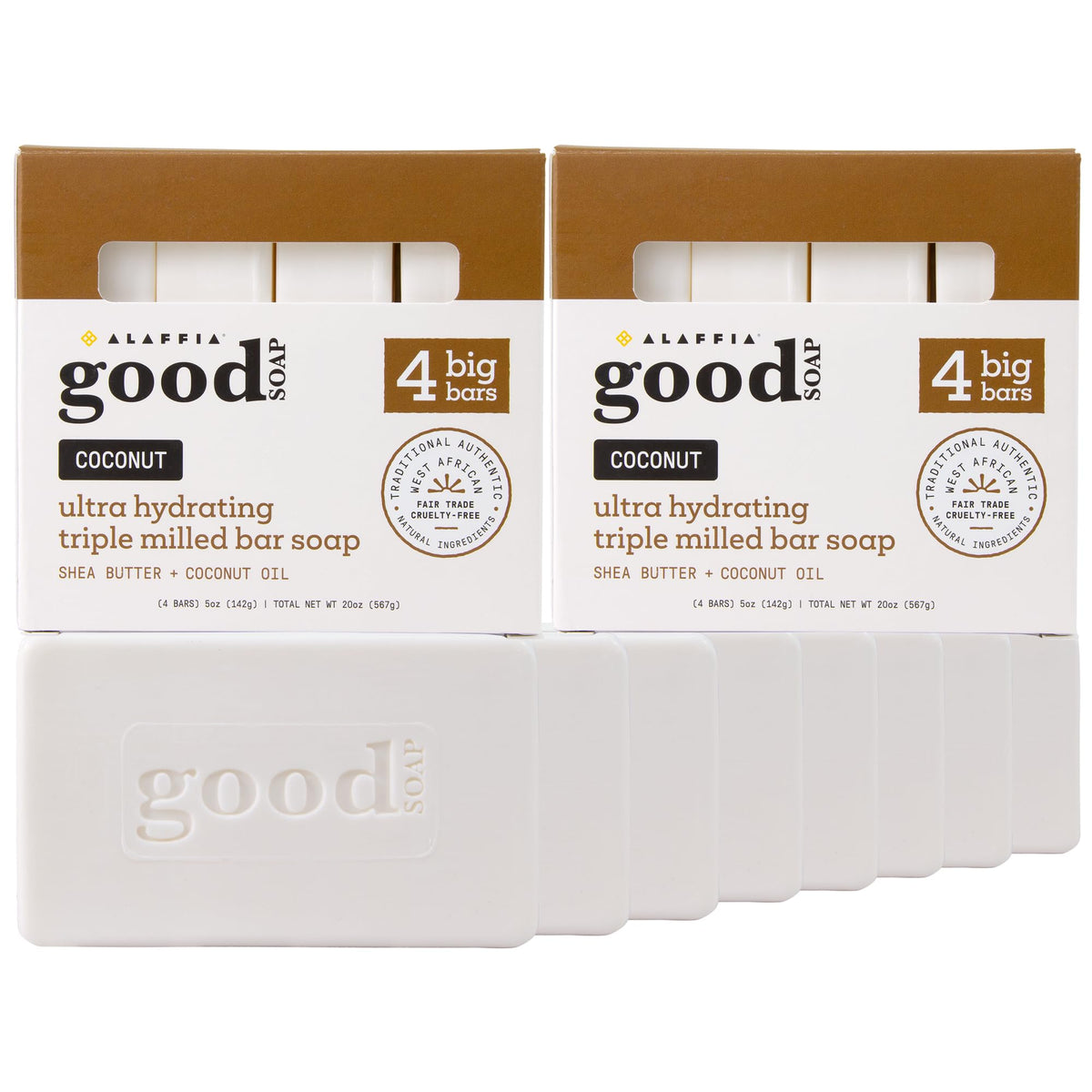 Alaffia front packaging showing two-pack of coconut soap, long-lasting supply benefit
