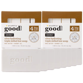 Alaffia front packaging showing two-pack of coconut soap, long-lasting supply benefit