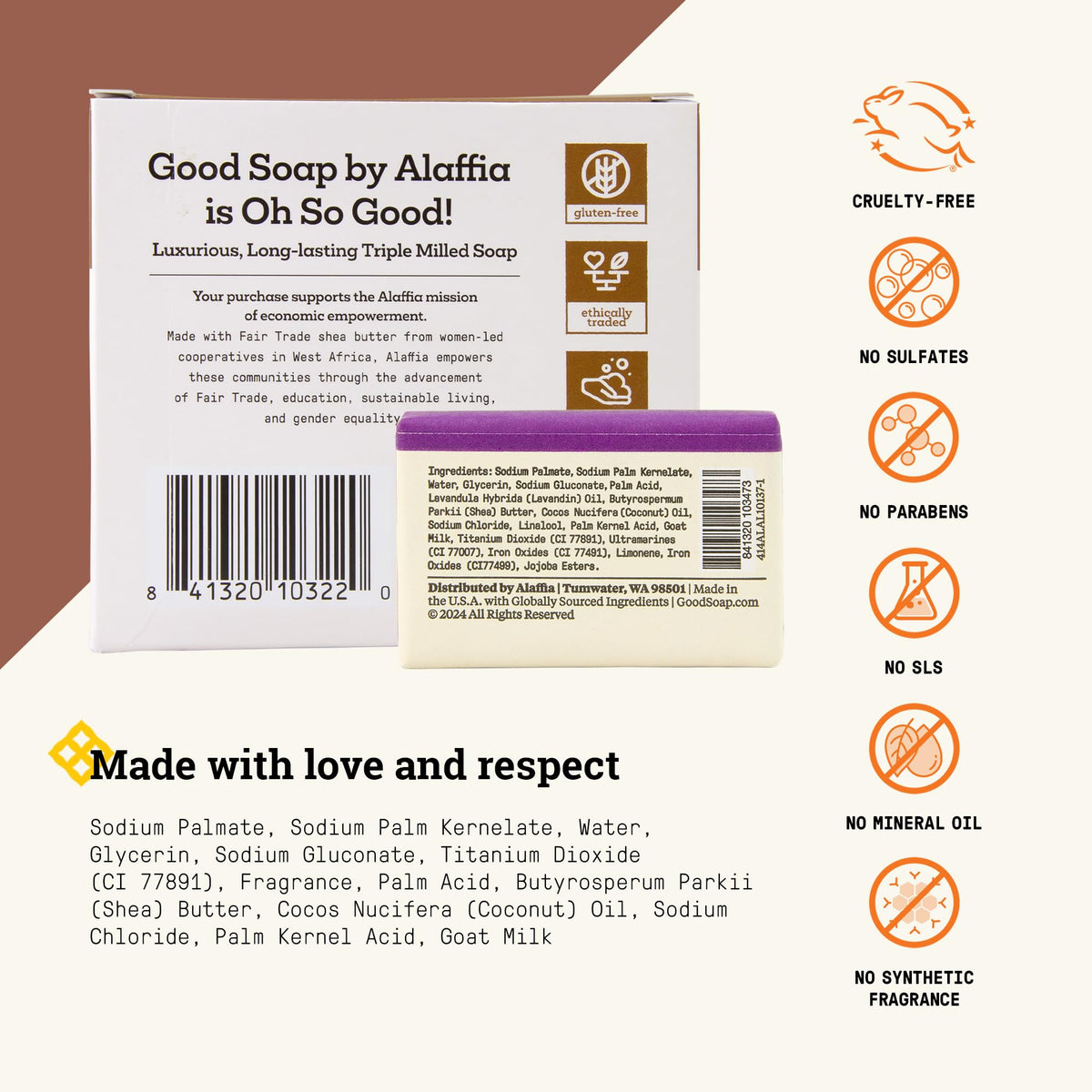 Alaffia close-up of single coconut soap bar, dense triple-milled texture for durability