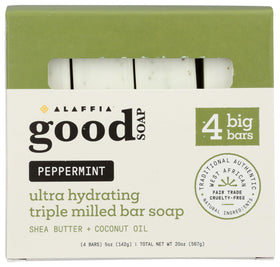 Alaffia front packaging of peppermint four-count value pack showing label and bar benefits