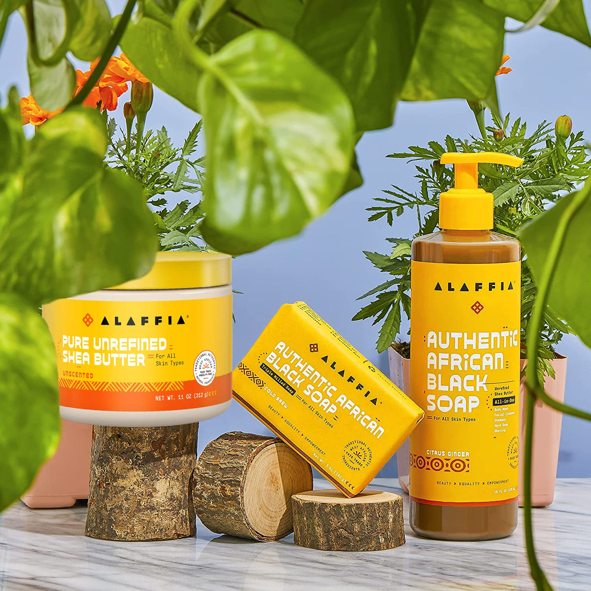 Alaffia used on hair ends to add moisture and reduce breakage