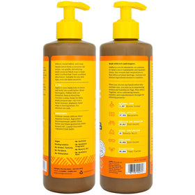 Alaffia pouring liquid black soap into palm creating creamy foam for cleansing