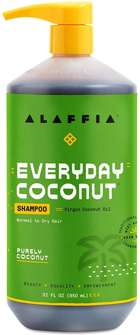 Alaffia shampoo on bathroom shelf in routine showing everyday convenience