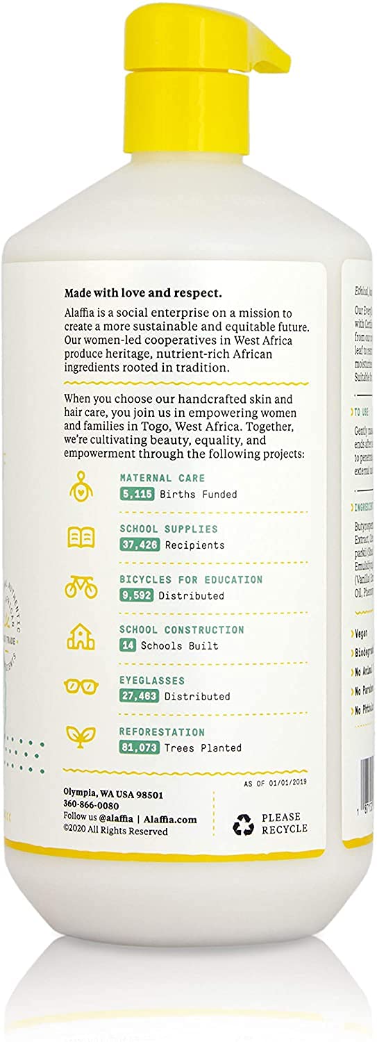 Alaffia pump dispensing conditioner, shows easy-use and controlled amount