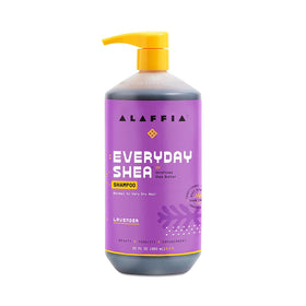 Alaffia shampoo in a bathroom scene suggesting relaxing lavender self-care benefit