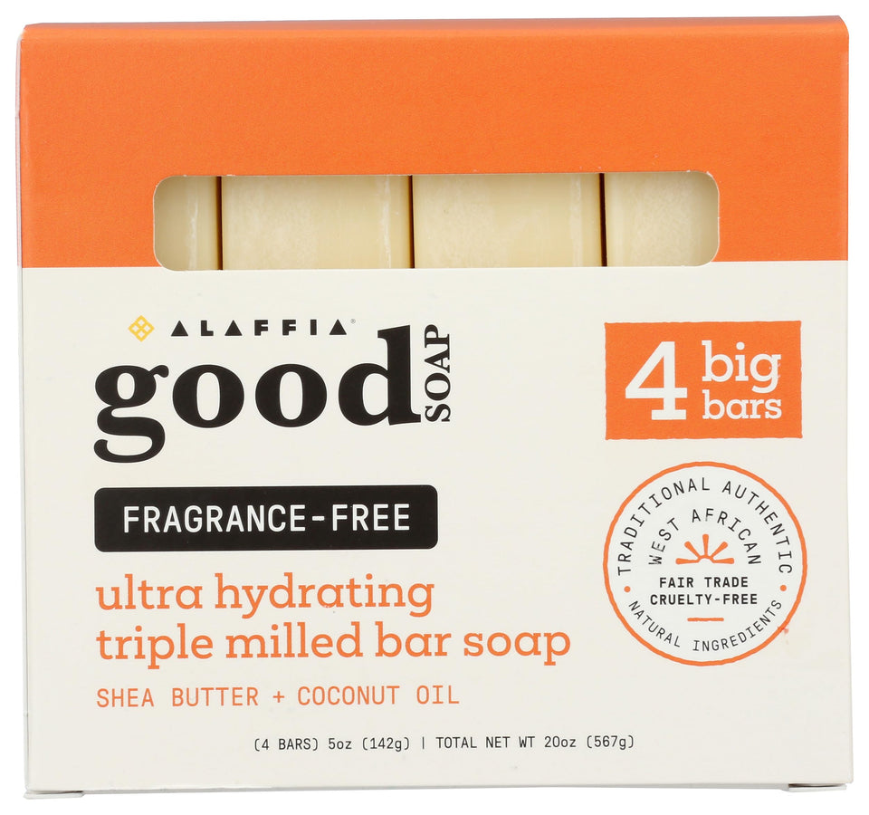 Alaffia front packaging showing four unscented shea bars and value savings