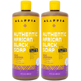 Alaffia front packaging showing two 32 oz bottles and wild lavender scent benefits