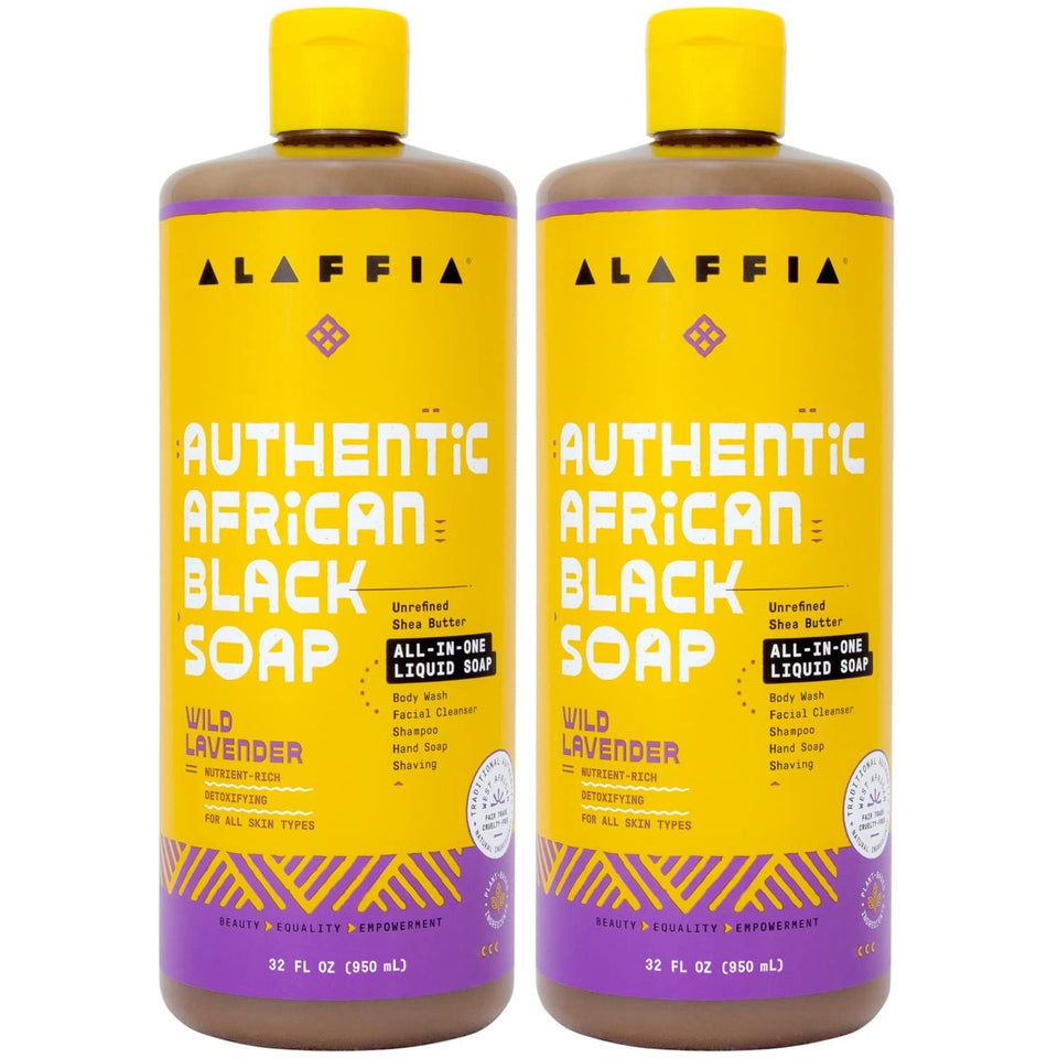 Alaffia front packaging showing two 32 oz bottles and wild lavender scent benefits