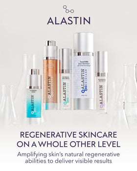 ALASTIN Skincare on bathroom vanity beside towel showing everyday routine benefit