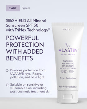 ALASTIN SilkSHIELD open tube with lotion texture demonstrating lightweight absorption