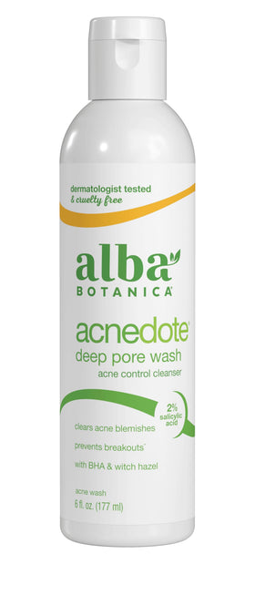 Alba Botanica front packaging shows bottle and label, clear acne-targeted info