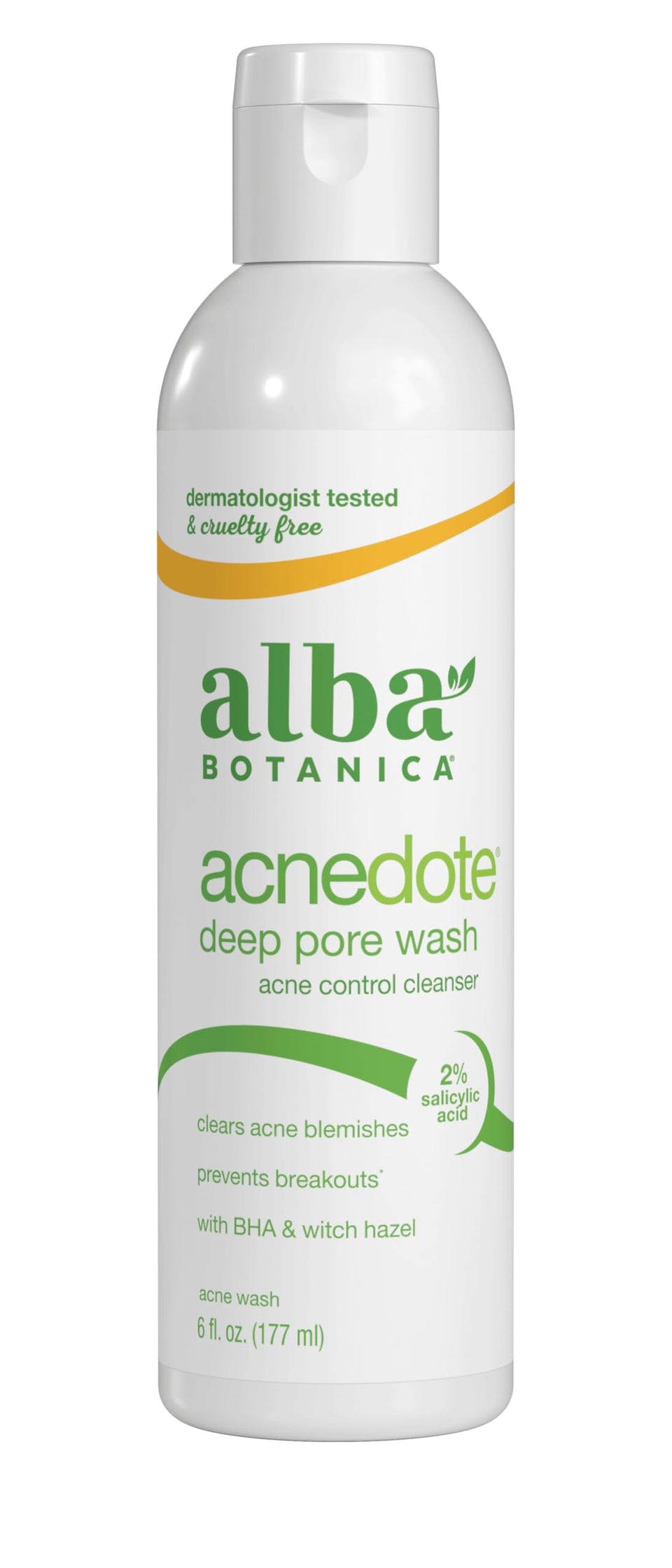 Alba Botanica front packaging shows bottle and label, clear acne-targeted info
