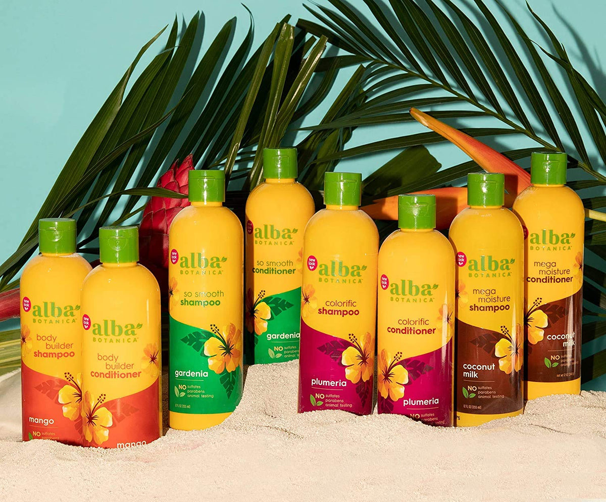 Alba Botanica bottle styled on bathroom shelf highlighting gentle formula