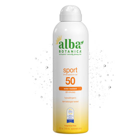 Alba Botanica front view of SPF 50 clear spray showing compact 5 fl oz bottle, convenient protection