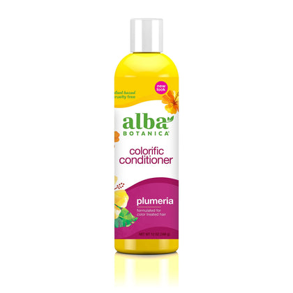 Alba Botanica front bottle of Plumeria conditioner showing label and 12 oz size for clarity