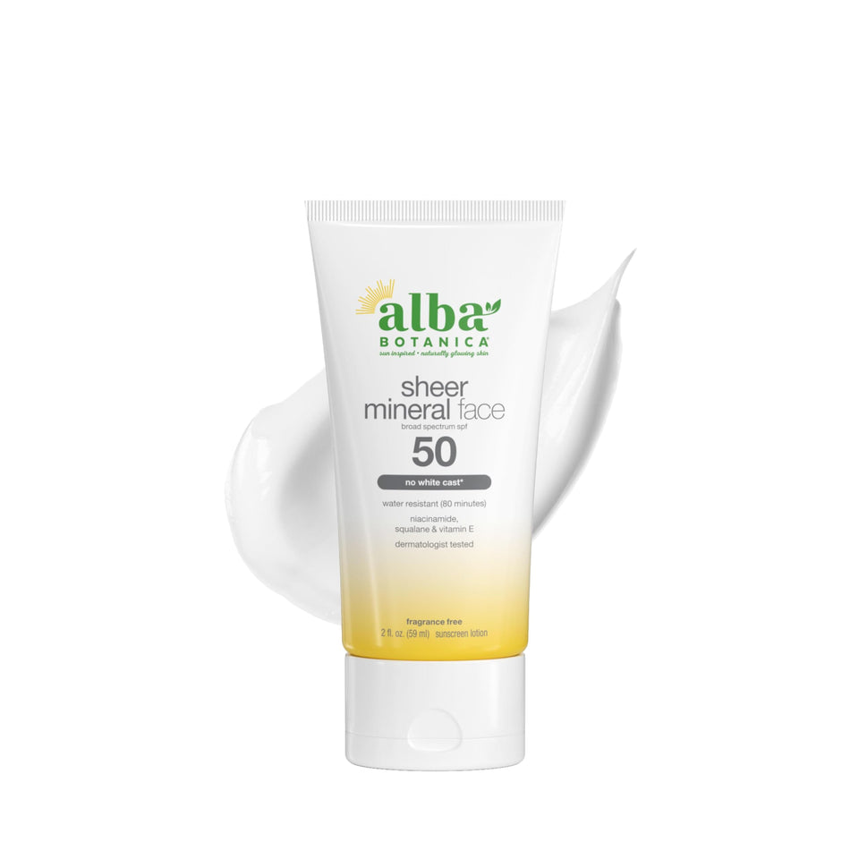 Alba Botanica front bottle view showing SPF 50 and compact design for travel