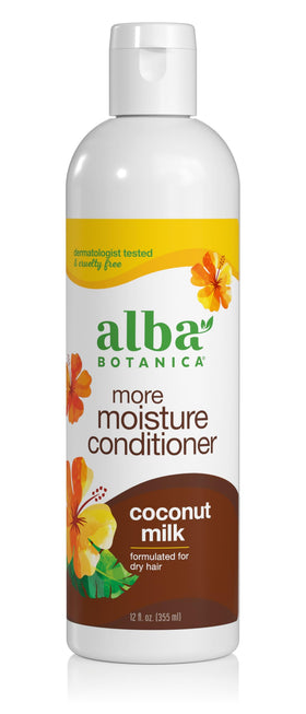 Alba Botanica front bottle packaging showing coconut milk hydration benefits