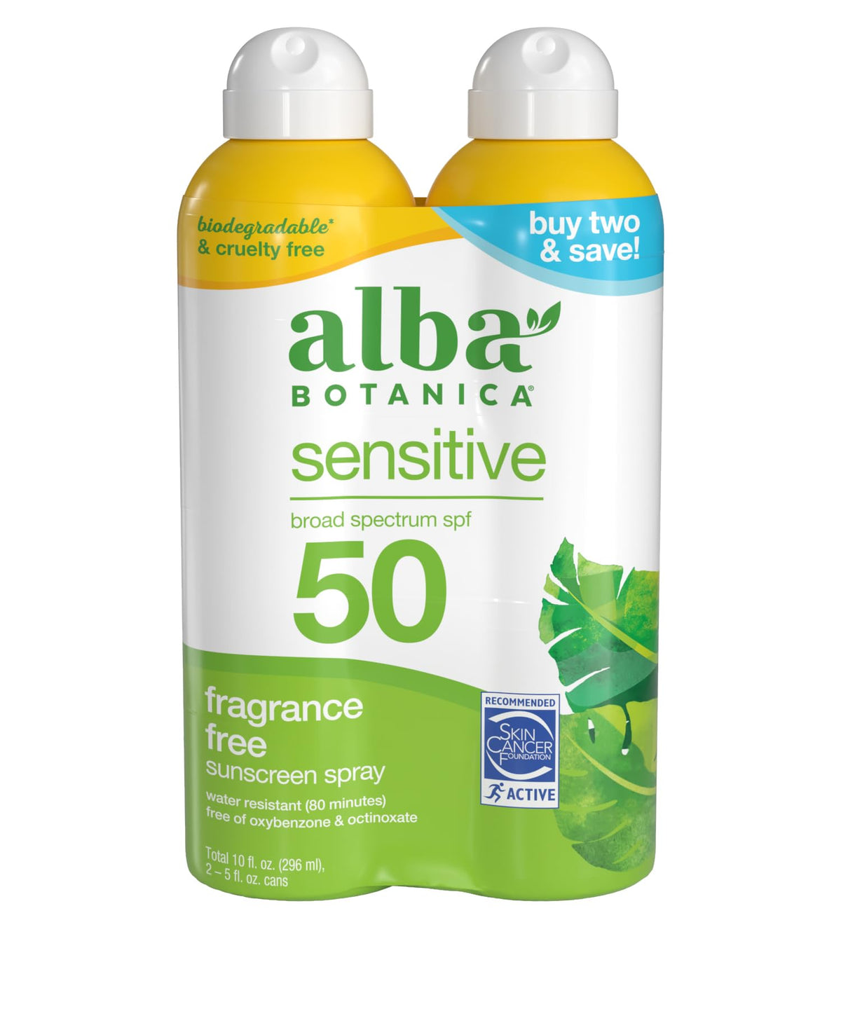 Alba Botanica front packaging showing SPF 50 and travel-size convenience
