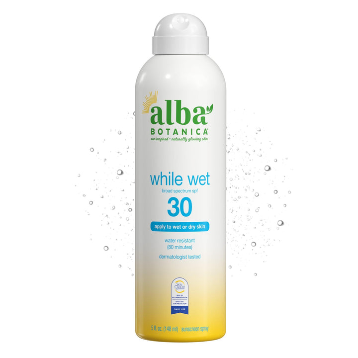 Alba Botanica front packaging showing SPF 30 and travel-friendly size benefit