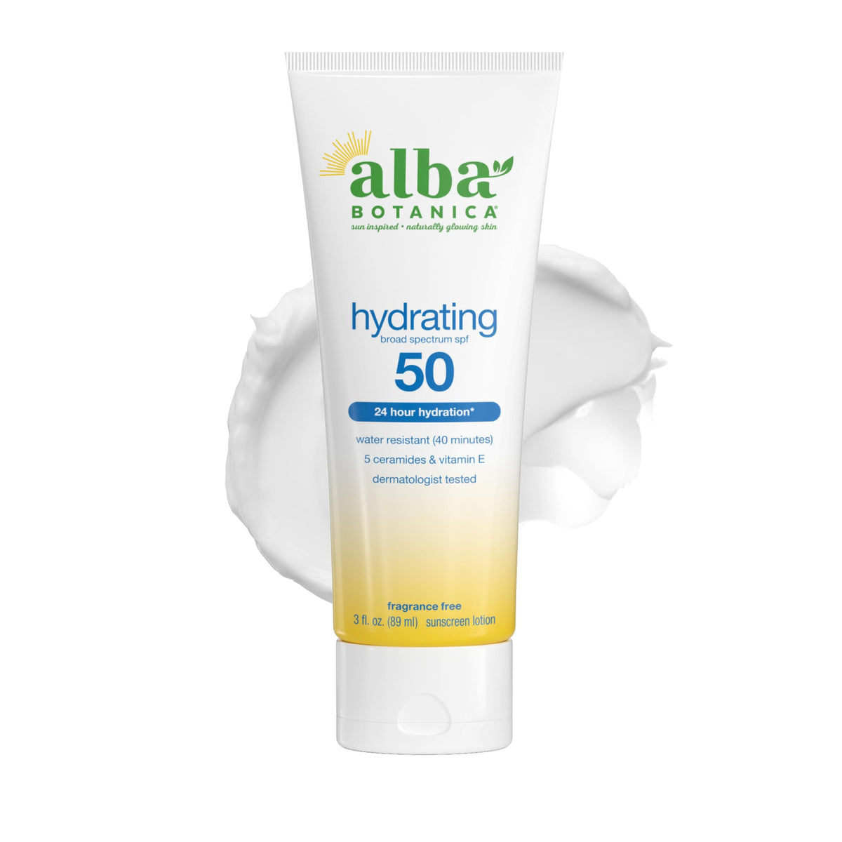 Alba Botanica front packaging showing SPF 50 and fragrance free benefit