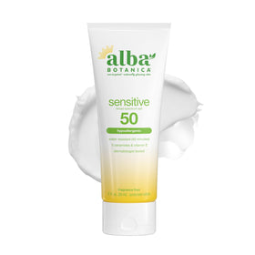 Alba Botanica front tube showing SPF 50 and fragrance-free benefits