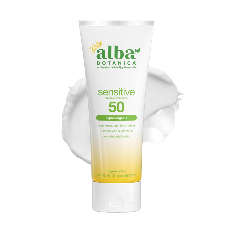 Alba Botanica front tube showing SPF 50 and fragrance-free benefits