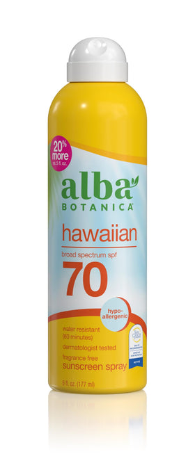 Alba Botanica front packaging showing SPF 70 label and coconut design for clear protection