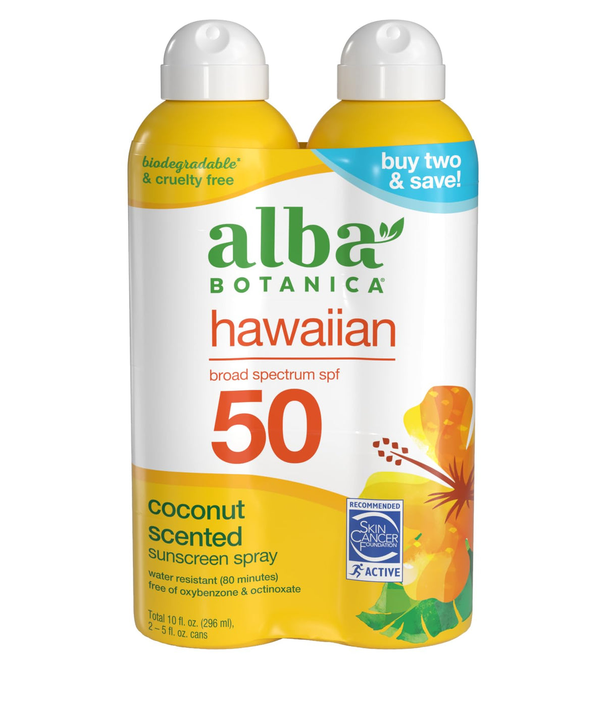 Alba Botanica front packaging showing SPF 50 and coconut scent for visible protection