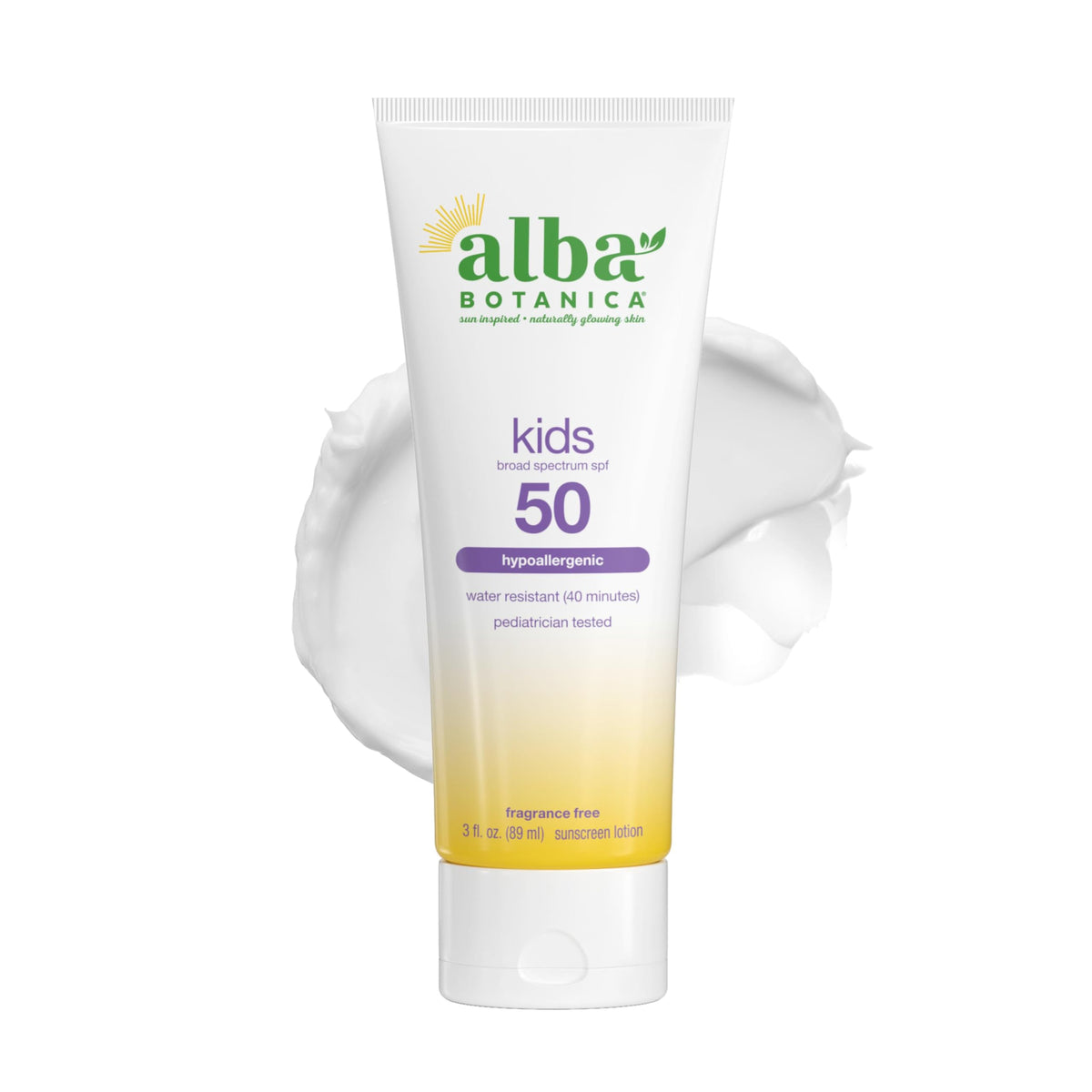 Alba Botanica front packaging showing SPF 50 protection and benefits