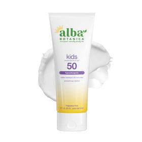 Alba Botanica front packaging showing SPF 50 protection and benefits