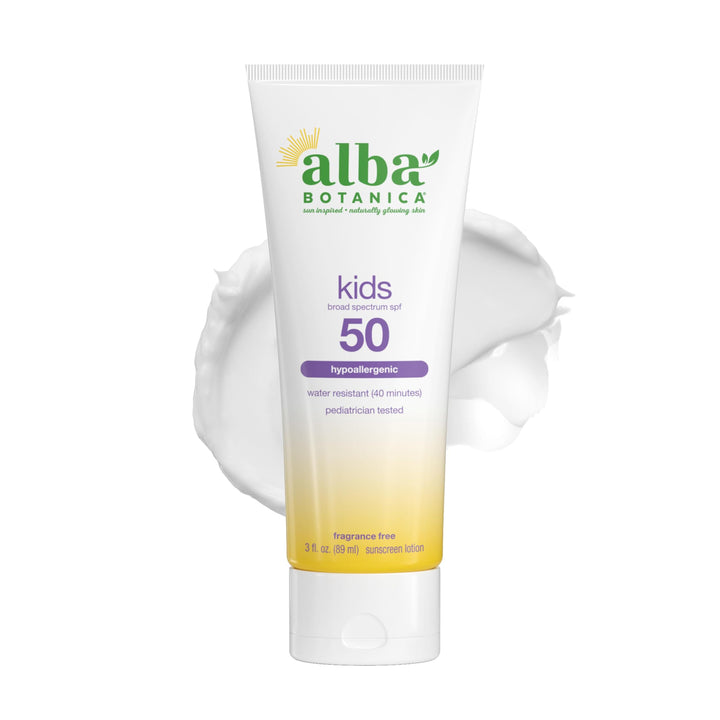 Alba Botanica front packaging showing SPF 50 protection and benefits