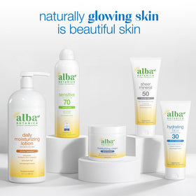 Alba Botanica label and botanicals highlighting aloe and sunflower oils