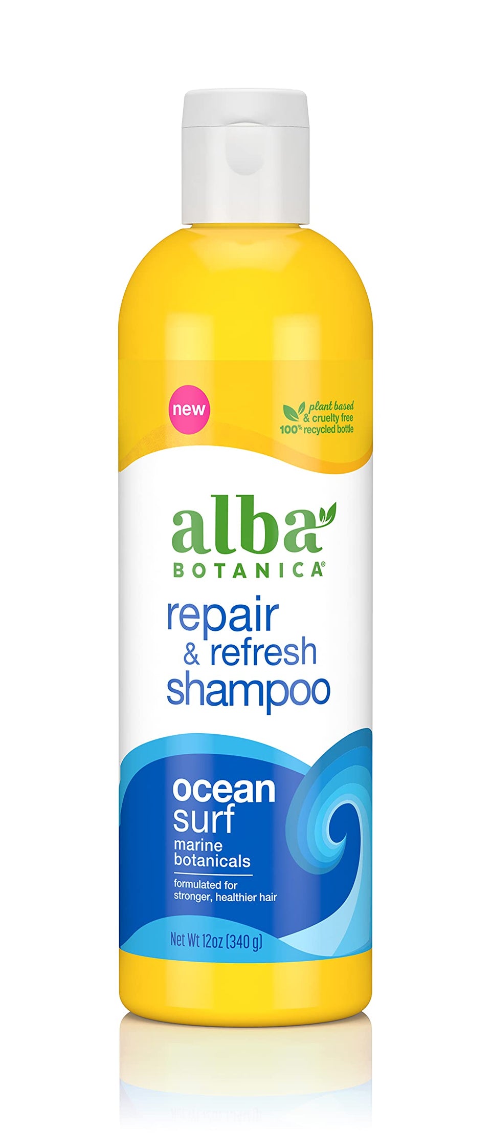 Alba Botanica front bottle showing Ocean Surf label and travel-friendly 12 oz size benefit