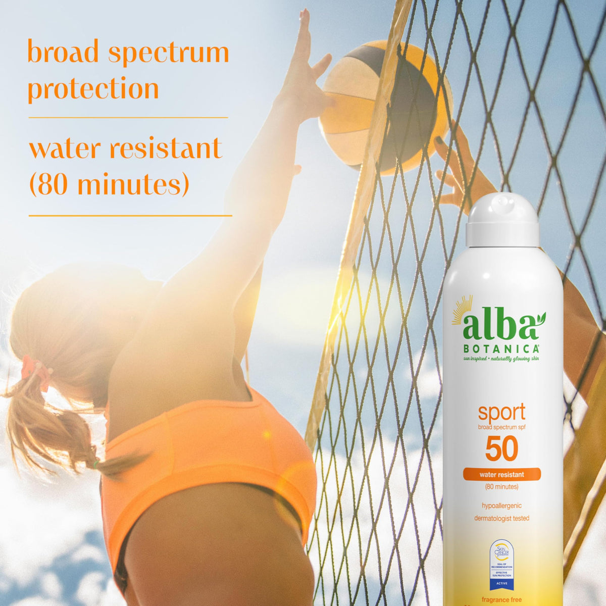 Alba Botanica bottle on beach towel in lifestyle scene showing water-resistant protection for outdoors