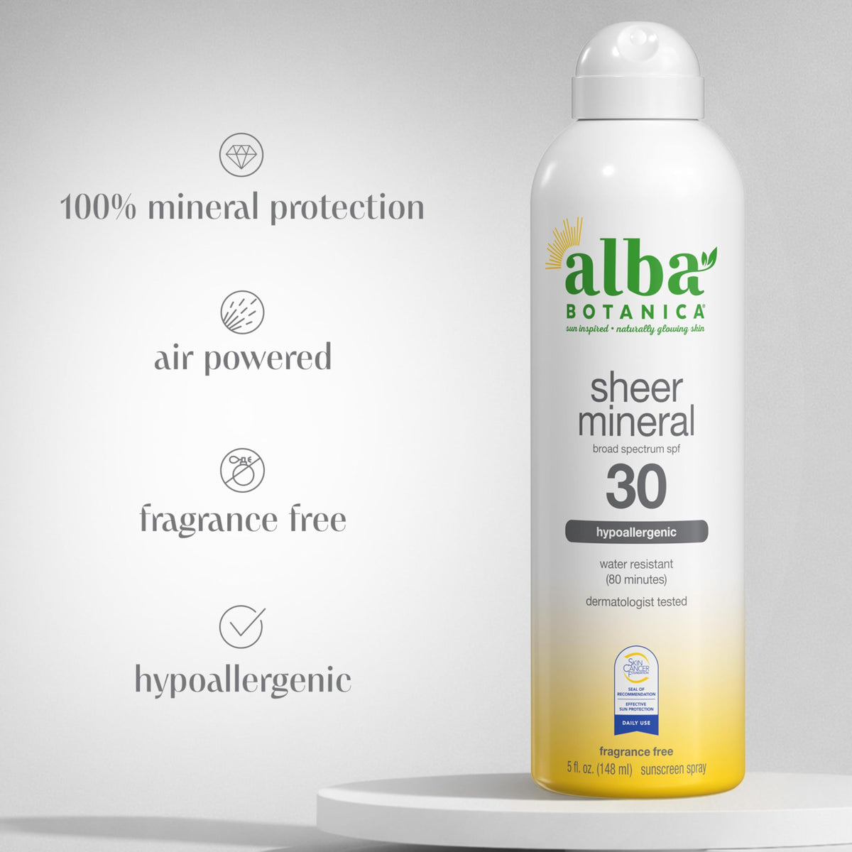 Alba Botanica being sprayed on shoulder for fast full-body coverage