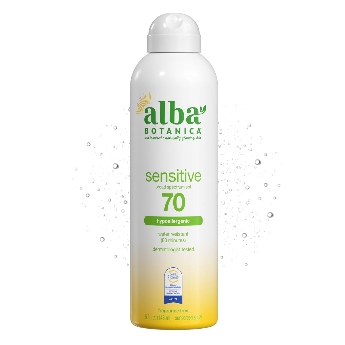 Alba Botanica front bottle view showing SPF 70 protection and travel size benefit