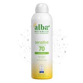 Alba Botanica front bottle view showing SPF 70 protection and travel size benefit