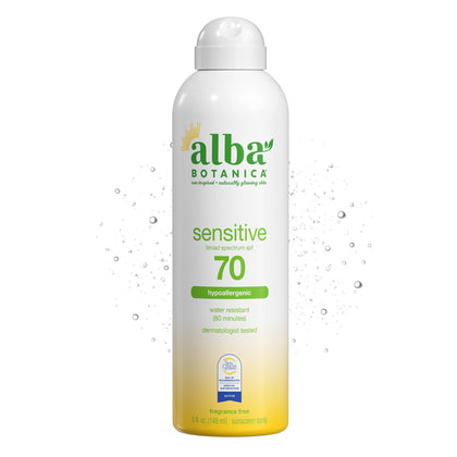 Alba Botanica front bottle view showing SPF 70 protection and travel size benefit