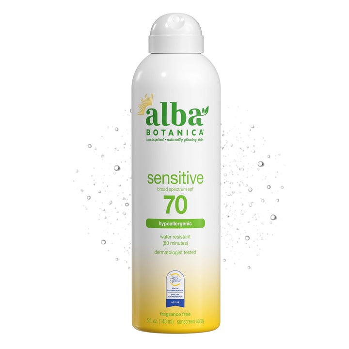 Alba Botanica front bottle view showing SPF 70 protection and travel size benefit