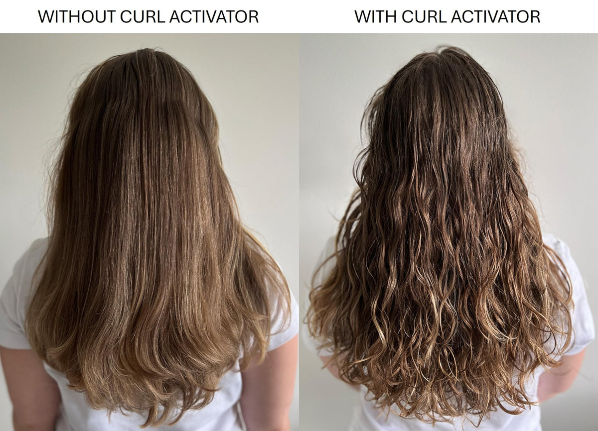 Alcôve before and after image illustrating improved curl definition and shine