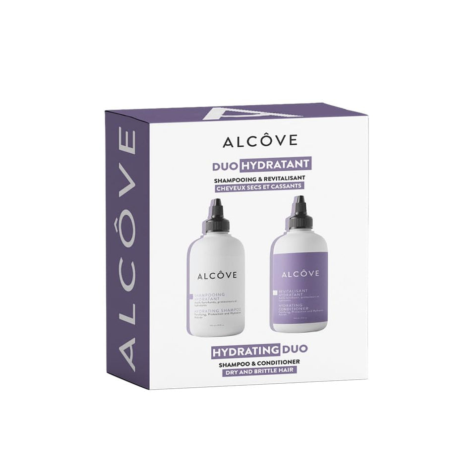 Alcôve duo front packaging shows moisturizing benefits and color-safe formula