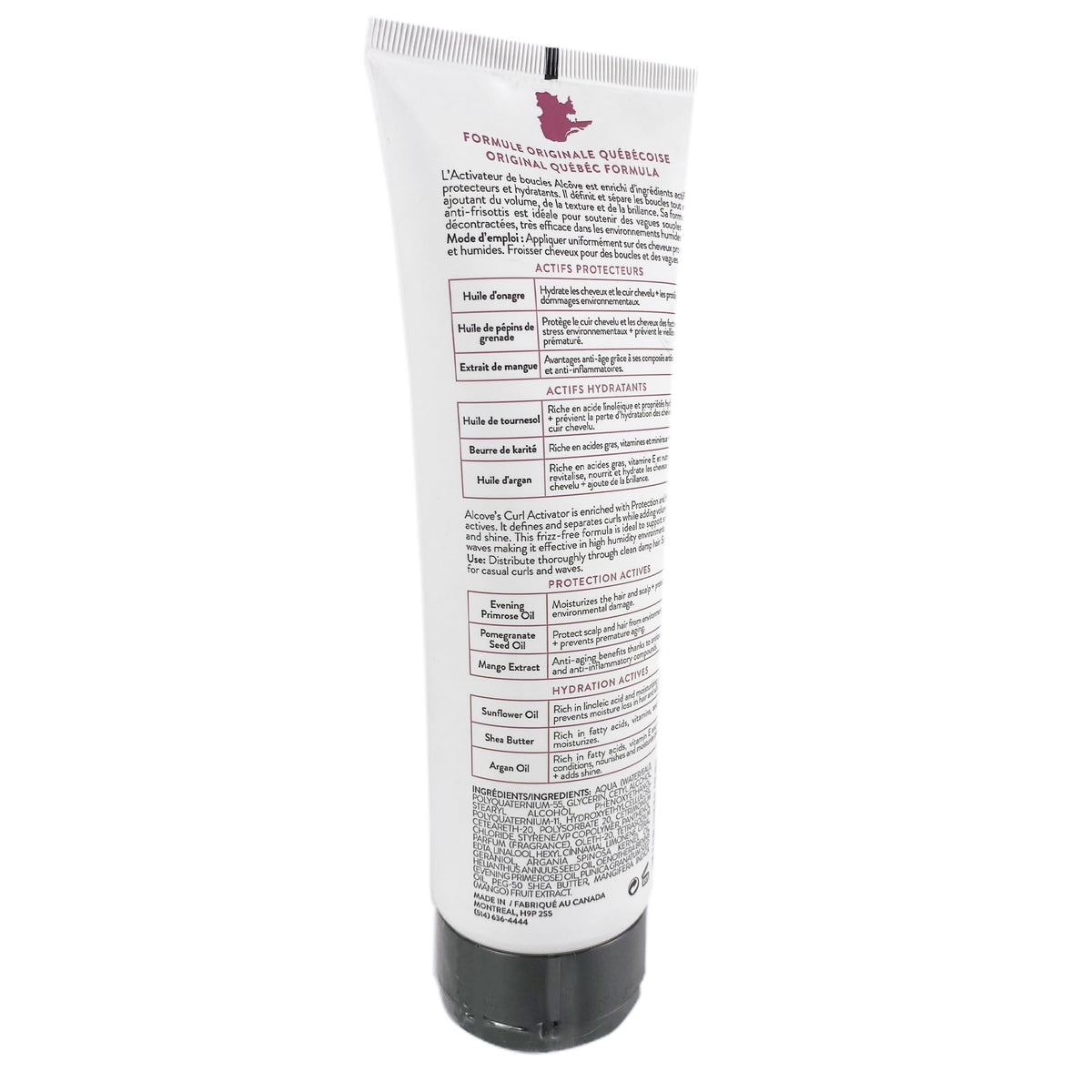 Alcôve label close-up showing ingredient list and brand origin details