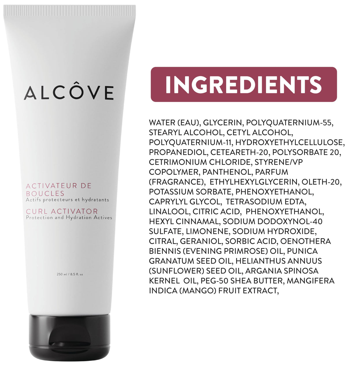 Alcôve bottle next to hand to show 8.5oz scale and convenient size