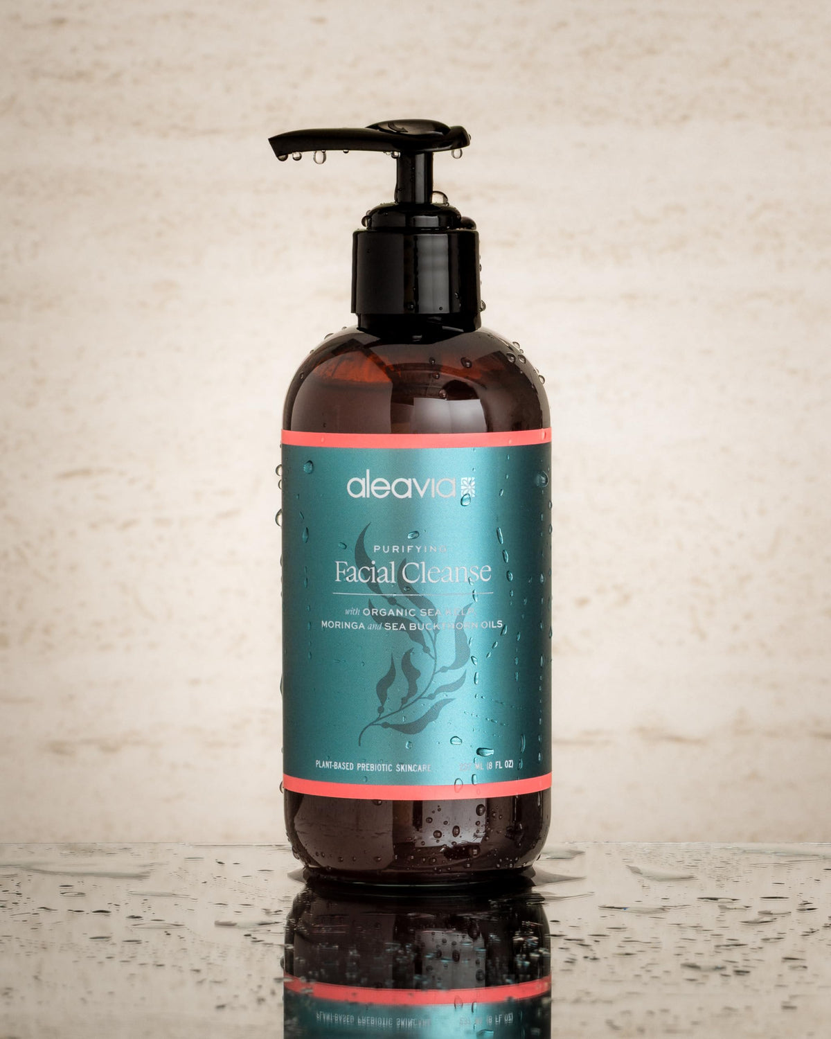 Aleavia splash shot of cleanser on skin showing refreshing, purifying effect