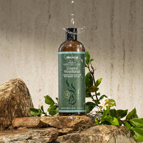 Aleavia bottle staged in modern bathroom showing lifestyle benefit: premium grooming aesthetic