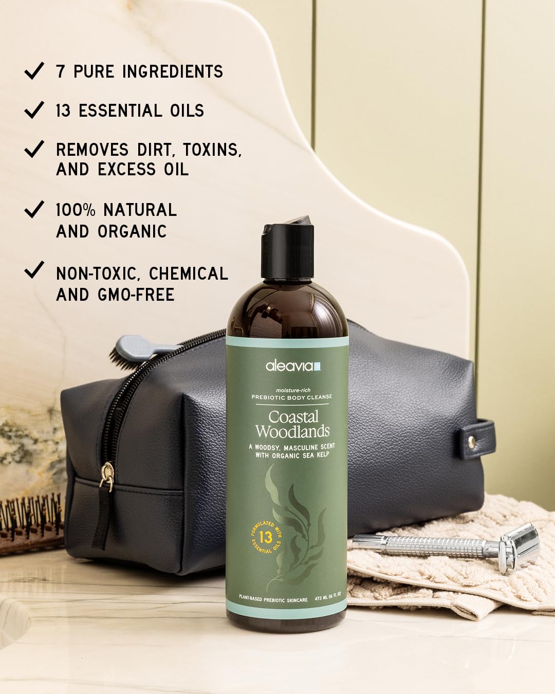 Aleavia label close-up highlighting ingredient list and scent notes benefit: ingredient transparency
