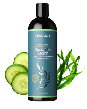 Aleavia front bottle showing cucumber-melon label and organic benefits